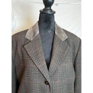 Menswear Inspired Plaid Blazer Suede Collar Elbow Patches Brown